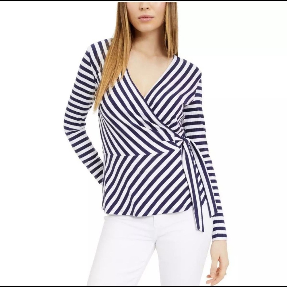 Maison Jules striped navy and white faux wrap top
